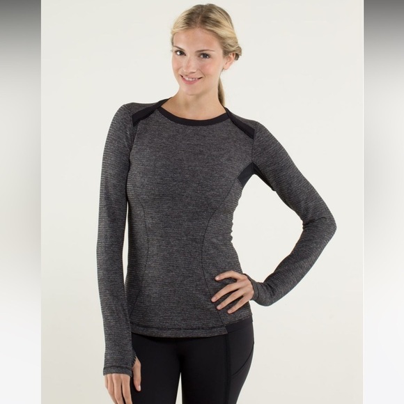 {EUC LuluLemon Base Runner Long Sleeve Top Mini Pique Heathered Black Size 4} - Picture 2 of 14